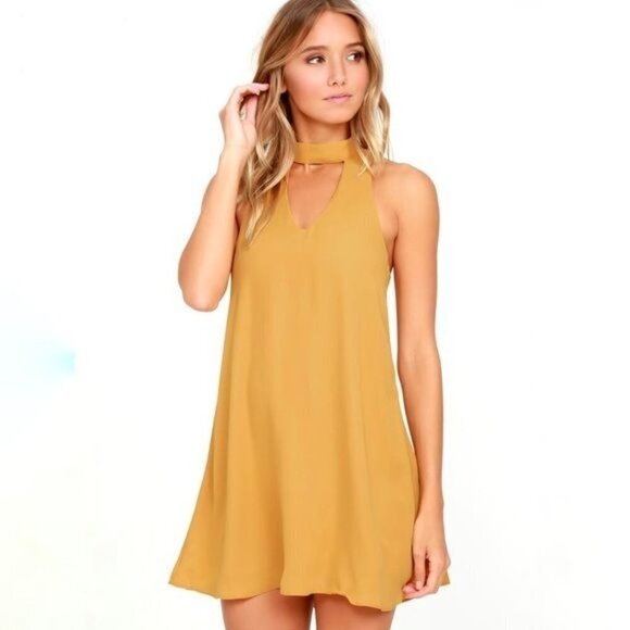Lulu’s Swing Dress Golden Yellow Shift Dress Halter Keyhole Women's XS - Picture 1 of 8